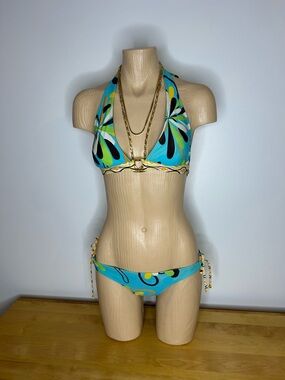 Gorgeous Turquoise Abstract Halter Bikini Set with Gold Details❤️M
